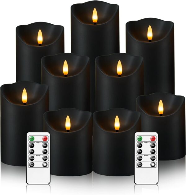 Set of 9 Flameless LED Candles with Remote – Battery Operated, Flickering, Timer (Black)