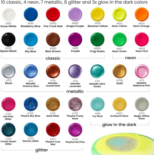 32-Pack Washable Tempera Paint – 2.03oz Bottles with Neon, Glitter & Glow-in-the-Dark - Image 3