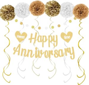 Happy Anniversary Decorations – Gold Banner, Pom Poms, Swirls & Glitter Garland