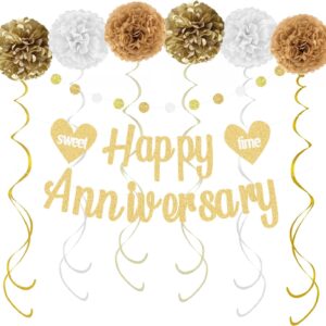 Happy Anniversary Decorations – Gold Banner, Pom Poms, Swirls & Glitter Garland