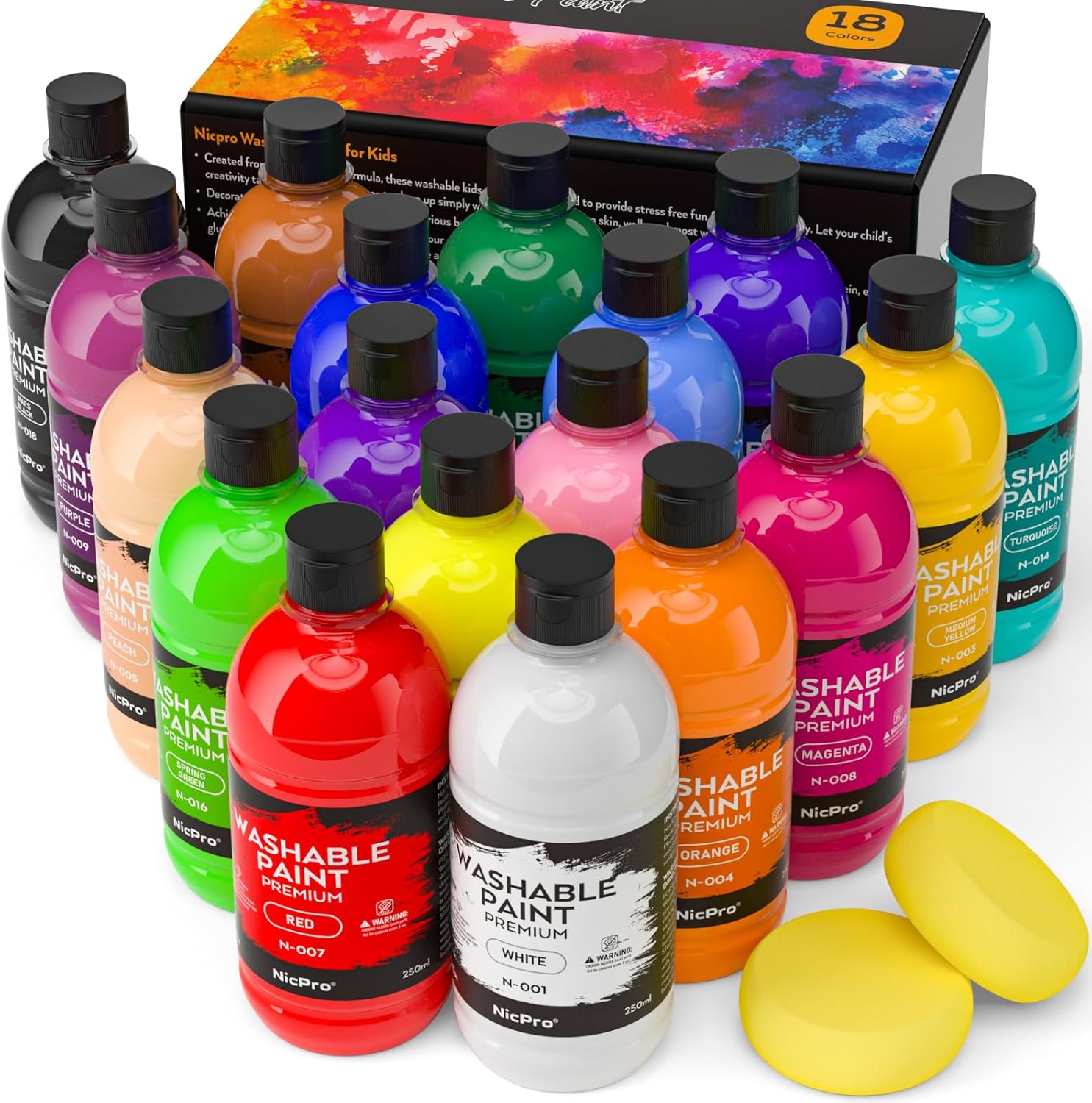 18-Color Washable Acrylic Paint Set – 8.4oz Bottles, Non-Toxic for Kids’ Art & Crafts