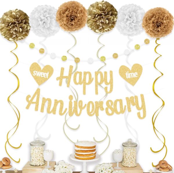 Happy Anniversary Decorations – Gold Banner, Pom Poms, Swirls & Glitter Garland - Image 2