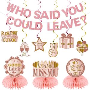 Going Away Party Kit – “Who Said You Could Leave” Banner, Pink Rose Gold Swirls & Centerpieces