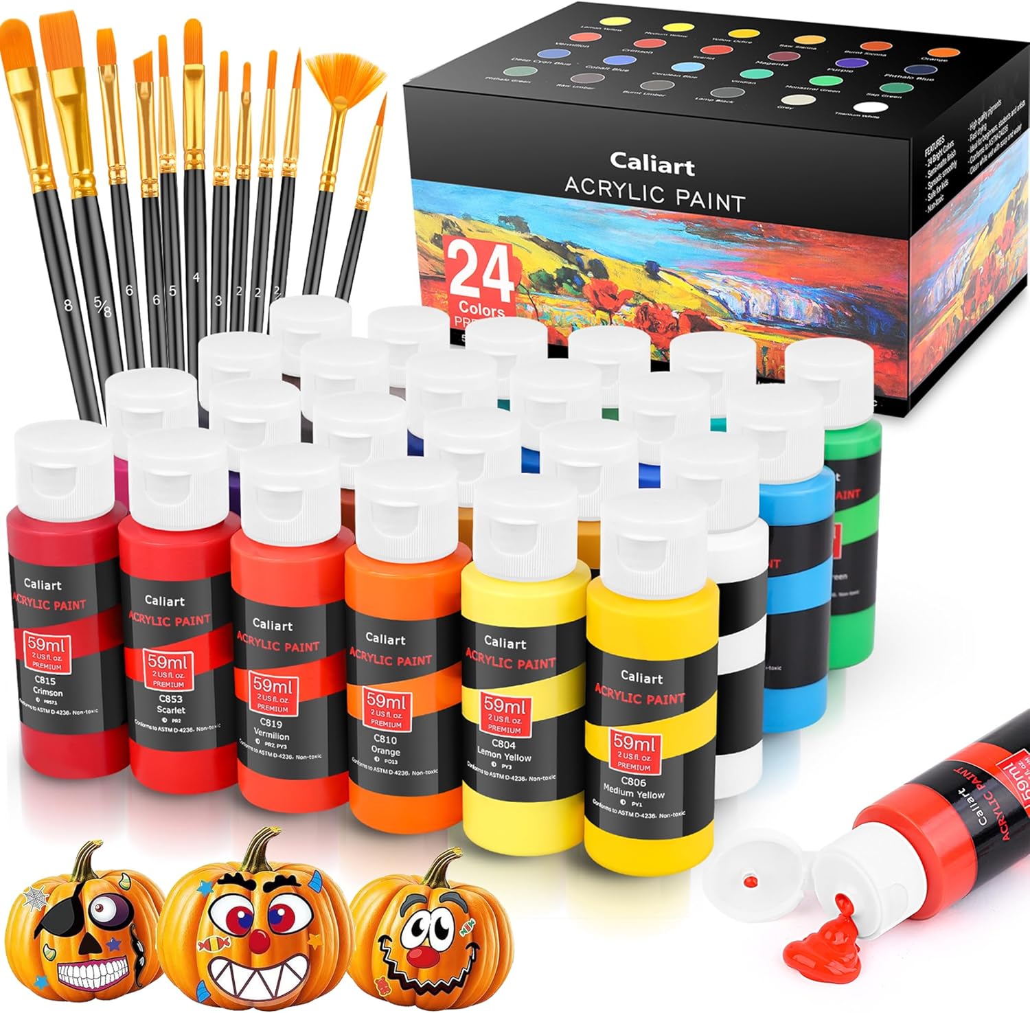 24-Color Acrylic Paint Set with 12 Brushes – Art Kit for Kids, Teens, Artists, Canvas & Craft Painting