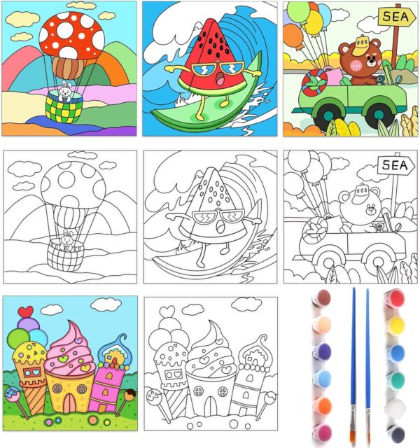 Kids Pre-Drawn Canvas Kit – 8x8" with 12 Acrylic Paints & 2 Brushes, Vacation Theme for Beginners