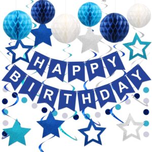 Blue Birthday Decorations – Banner, Honeycomb Balls, Swirl Streamers & Garland Set