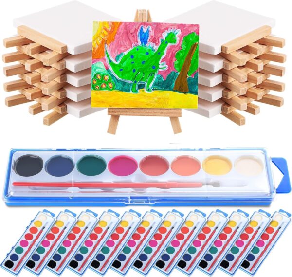 48-Piece Watercolor Paint Set – Mini Canvases, Easels, Brushes for Kids’ Party Favors & Prizes