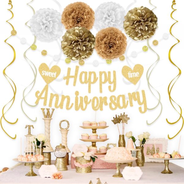 Happy Anniversary Decorations – Gold Banner, Pom Poms, Swirls & Glitter Garland - Image 3