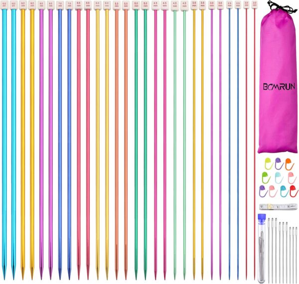 14 Pairs Stainless Steel Knitting Needles – 2.0mm-10.0mm Colored Straight Needles, 13.8" Length