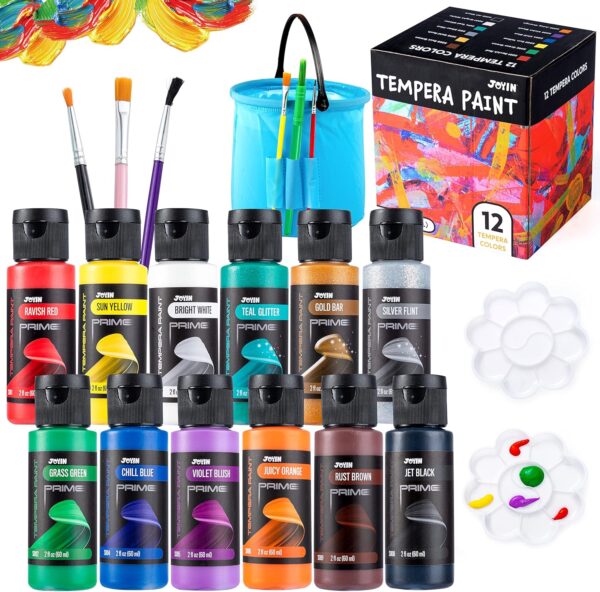 12-Color Washable Tempera Paint Set – 2 oz Bottles with 6 Brushes, 2 Palettes & Wash Bucket, Non-Toxic