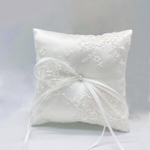 White Satin Ring Bearer Pillow – 6x6 in with Lace & Ribbon for Wedding Ceremony