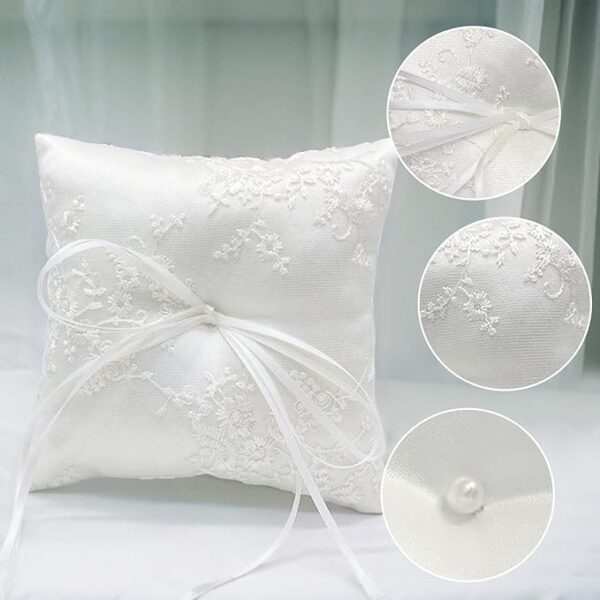 White Satin Ring Bearer Pillow – 6x6 in with Lace & Ribbon for Wedding Ceremony - Image 3