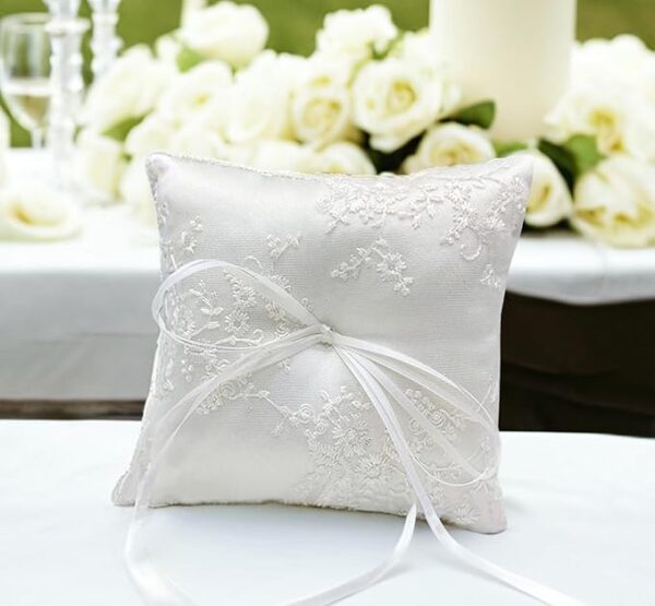 White Satin Ring Bearer Pillow – 6x6 in with Lace & Ribbon for Wedding Ceremony - Image 4
