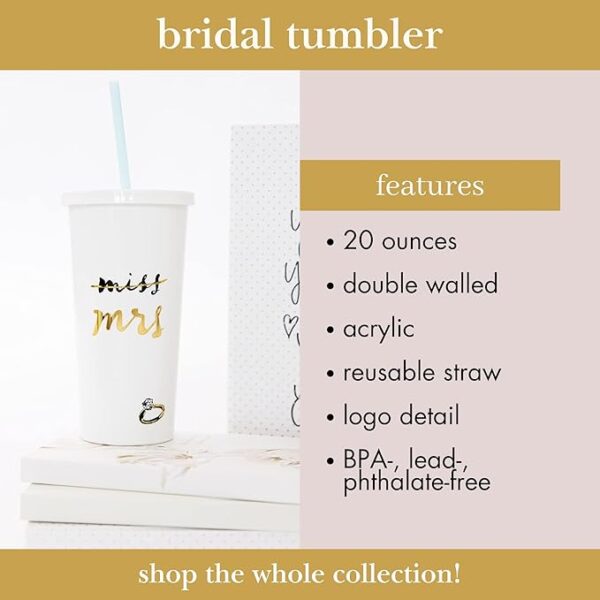 Bridal Tumbler – 20 oz Acrylic with Lid & Straw, White, Miss to Mrs. - Image 2