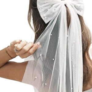White Bridal Veil with Bow – Elegant Tulle Hair Clip for Bachelorette & Wedding