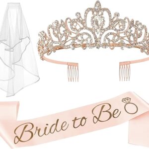 3-Pc Bachelorette Set – Bridal Crown, Bride-to-Be Sash & Veil, Rose Gold
