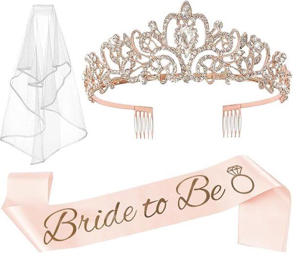 3-Pc Bachelorette Set – Bridal Crown, Bride-to-Be Sash & Veil, Rose Gold