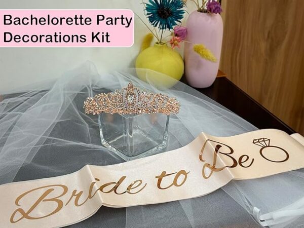 3-Pc Bachelorette Set – Bridal Crown, Bride-to-Be Sash & Veil, Rose Gold - Image 4