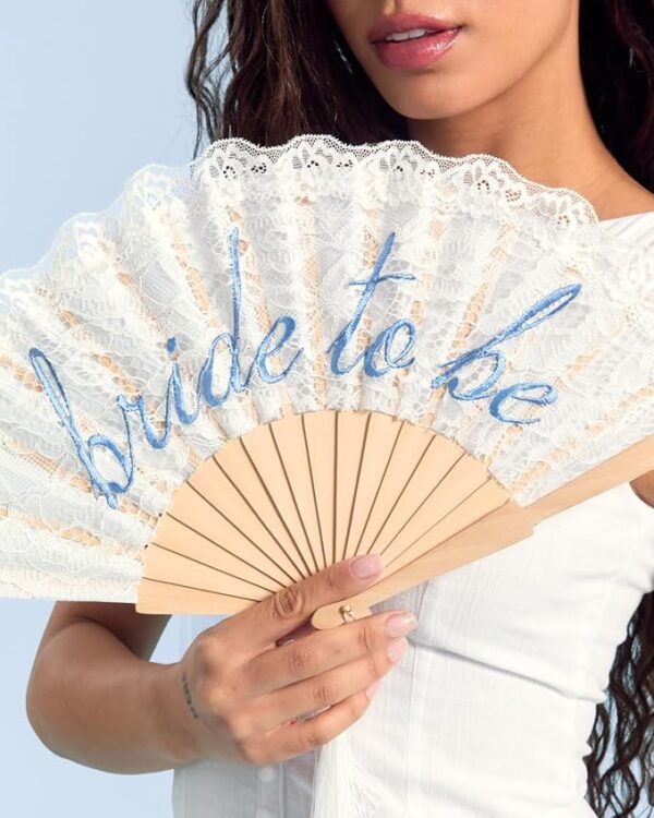 White Lace Bride-to-Be Folding Fan – Bridal Something Blue Accessory & Bridesmaid Gift - Image 2