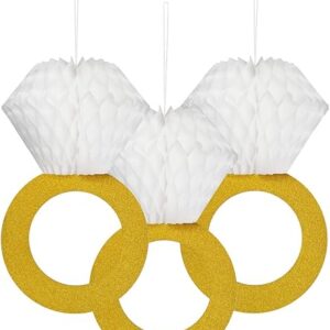 Glitter Gold Honeycomb Diamond Ring Decorations – 3-Pc Set for Bachelorette & Wedding Parties
