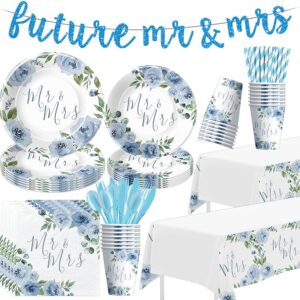 Blue Bridal Shower Set – Plates, Napkins, Cups, Tablecloth, Banner for 24 Guests