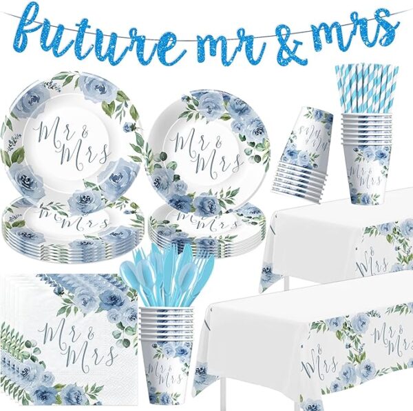 Blue Bridal Shower Set – Plates, Napkins, Cups, Tablecloth, Banner for 24 Guests