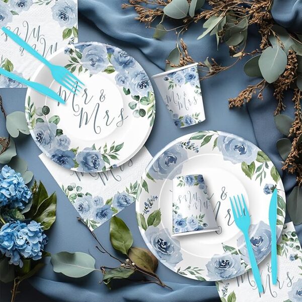 Blue Bridal Shower Set – Plates, Napkins, Cups, Tablecloth, Banner for 24 Guests - Image 4