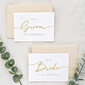 Set of 2 Bride & Groom Wedding Cards – Linen Texture, Gold Foil, Embossed Border, Beige Envelopes