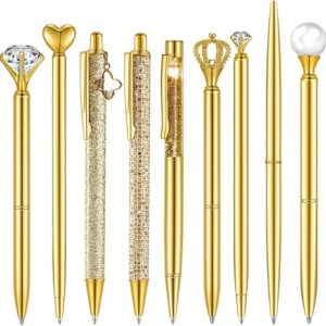 9-Pc Gold Glitter Ballpoint Pen Set – Metal Diamond Crystal Pens with Black Ink