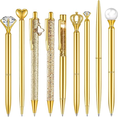 9-Pc Gold Glitter Ballpoint Pen Set – Metal Diamond Crystal Pens with Black Ink