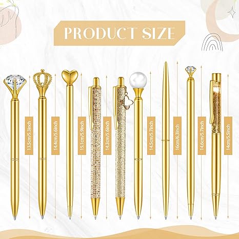 9-Pc Gold Glitter Ballpoint Pen Set – Metal Diamond Crystal Pens with Black Ink - Image 2