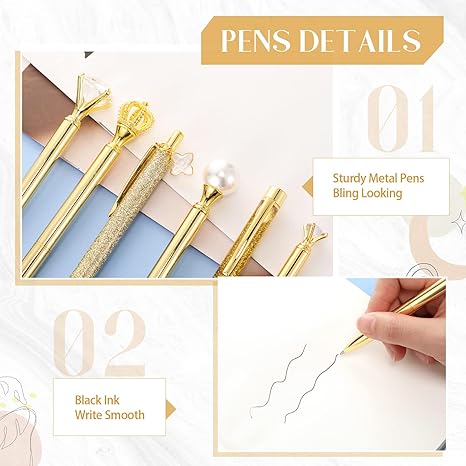 9-Pc Gold Glitter Ballpoint Pen Set – Metal Diamond Crystal Pens with Black Ink - Image 3