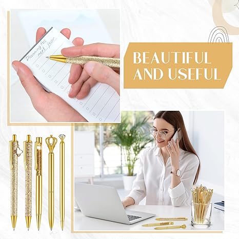 9-Pc Gold Glitter Ballpoint Pen Set – Metal Diamond Crystal Pens with Black Ink - Image 4