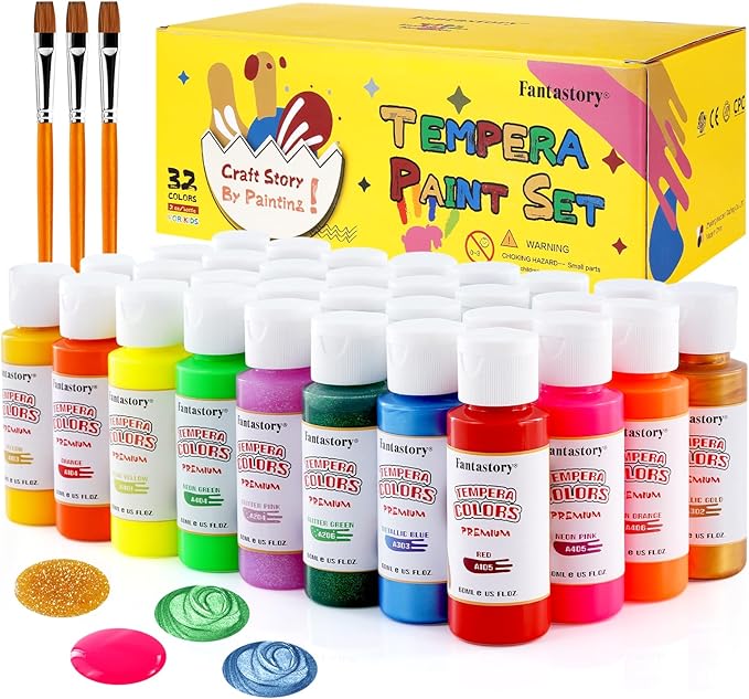 32-Color Washable Tempera Paint Set – 2 oz Bottles, Non-Toxic Finger & Poster Paint for Kids