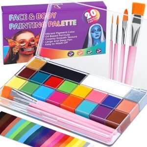 20-Color Oil-Based Face Paint Kit – Includes 4 Professional Brushes, Ideal for Halloween & Cosplay