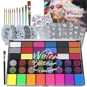 Pintada 42-Color Water Face Paint Kit – Non-Toxic with Stencils & Gems