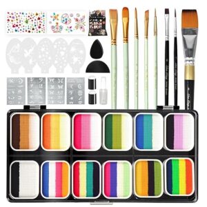120g Face Paint Kit – 12 Water-Activated Colors with Brush, Stencils & Gems for Kids