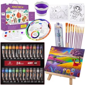 Kids Acrylic Paint Set – Complete Art Kit with Easel, 24 Paints, 4 Canvases & Brushes – Gift for Ages 4–12