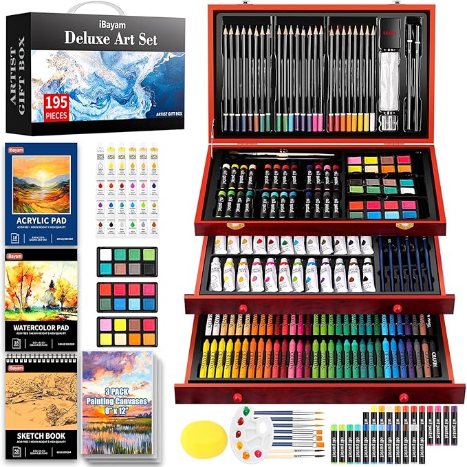 195-Piece Art Set – Drawing & Painting Kit with Pads, Sketchbooks, Canvases, Gift Box for All Ages
