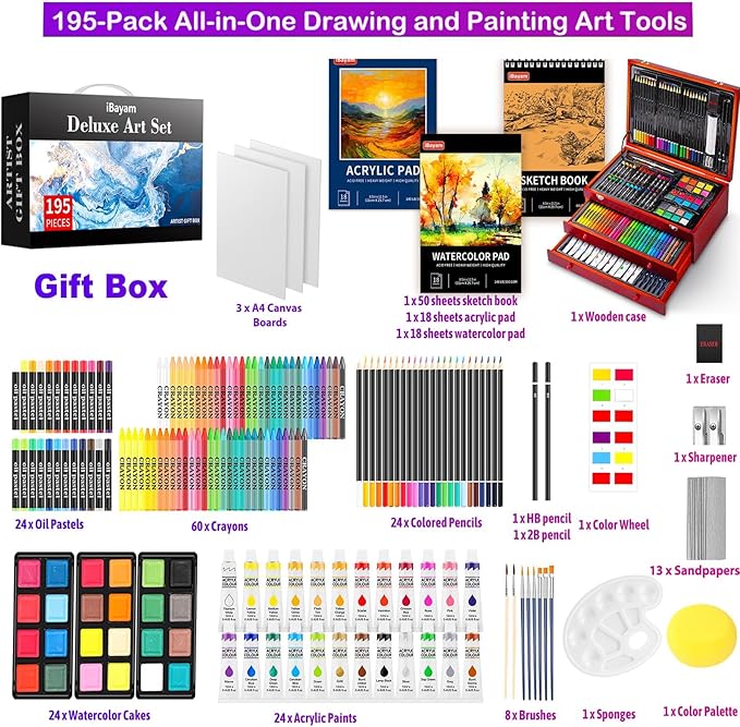 195-Piece Art Set – Drawing & Painting Kit with Pads, Sketchbooks, Canvases, Gift Box for All Ages - Image 2