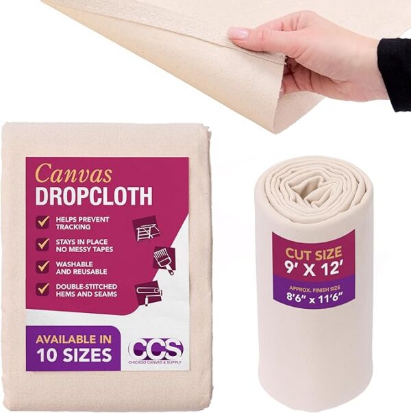 Canvas Drop Cloth – 9x12 Ft Cotton Duck Tarp for Painting, Curtains, Tablecloths, Reusable & Washable