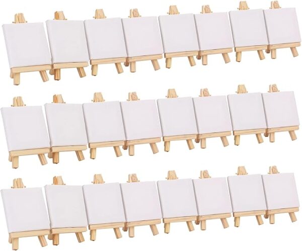 24-Pack Mini Canvas & Easel Set – 3"x3" Panels with Wooden Display Stand for Artists & Kids