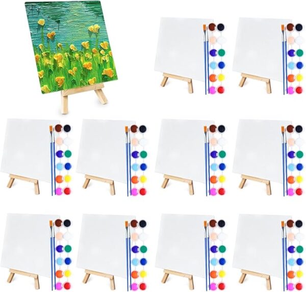 10-Set Mini Acrylic Paint Kit – 5.9" Canvas Boards, 6.5" Easel, Paint Strips & Brushes for Kids & Beginners