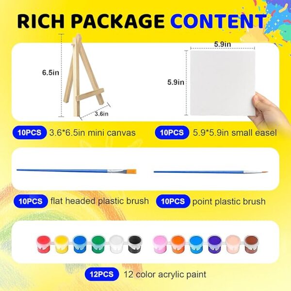10-Set Mini Acrylic Paint Kit – 5.9" Canvas Boards, 6.5" Easel, Paint Strips & Brushes for Kids & Beginners - Image 3