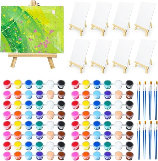 8-Set Mini Acrylic Paint Kit – Mini Canvases with Easel, Paint Strips & Brushes for Kids & Beginners