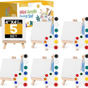 5-Set Mini Acrylic Paint Kit – 4"x4" Canvases with Easels, Paints, Brushes & Palette for Kids & Adults
