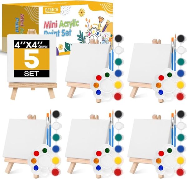 5-Set Mini Acrylic Paint Kit – 4"x4" Canvases with Easels, Paints, Brushes & Palette for Kids & Adults