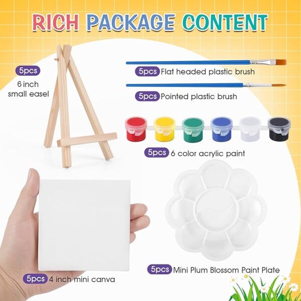 5-Set Mini Acrylic Paint Kit – 4"x4" Canvases with Easels, Paints, Brushes & Palette for Kids & Adults - Image 2