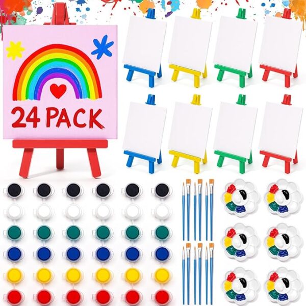 24-Set Mini Acrylic Paint Kit – Canvas, Plastic Easels, Brushes & Palette for Kids’ Art & Party Gifts