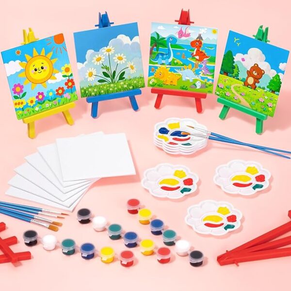 24-Set Mini Acrylic Paint Kit – Canvas, Plastic Easels, Brushes & Palette for Kids’ Art & Party Gifts - Image 2